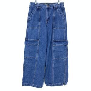 Flying Angel Wide Leg Baggy Cargo Jeans Womens Sz 30 Medium Wash Cinch Hem